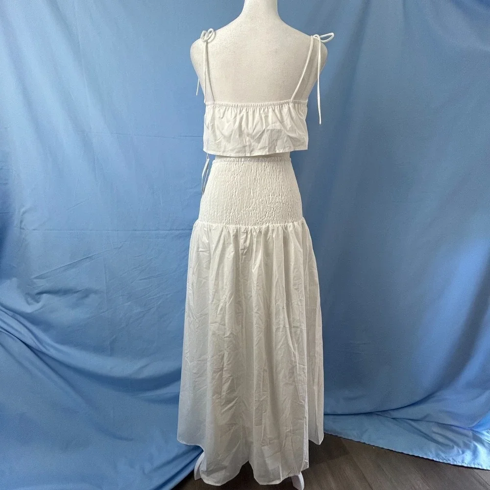 Commense Shirred Waist Split Thigh Skirt Set Womens XS White Stretch Relaxed Fit